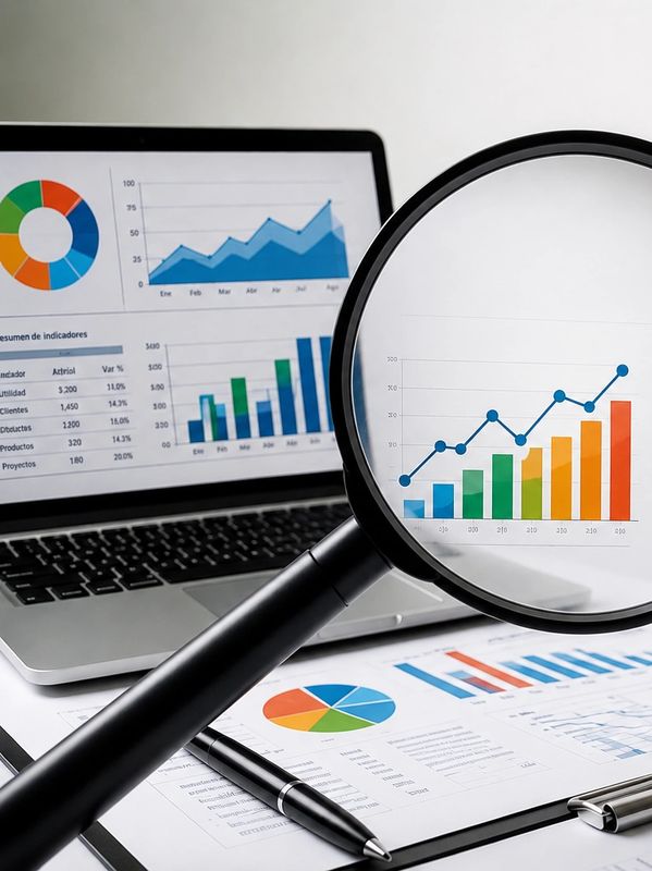 Gráficos y datos analizados con lupa y computadora.