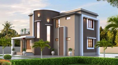 Modern two-story house with gray and white exterior.