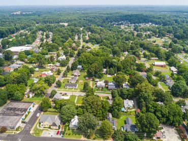 Beautifully landscaped public spaces in an aerial view of NC