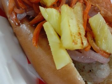Grilled Pineapples, grilled carrots and caramelized onions on all beef, chicken or vegan dog.