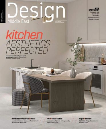 Modern kitchen with marble island and stylish seating, featured on Design Middle East magazine cover.