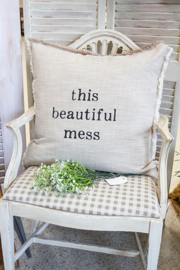 'This Beautiful Mess'Large Down Filled Linen Accent Pillow With Embroidered Lettering