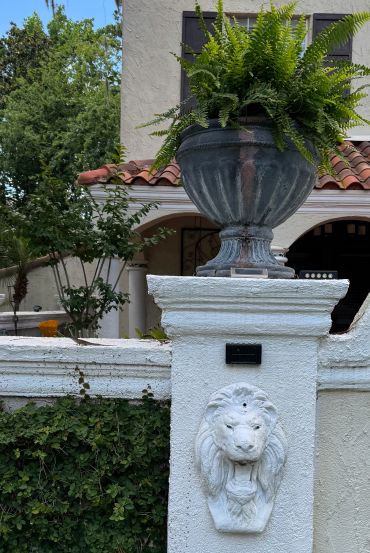 Decorative lion sculpture on a white pillar with a large planter above it.