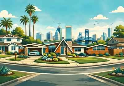 Colorful suburban neighborhood with palm trees and city skyline in the background.