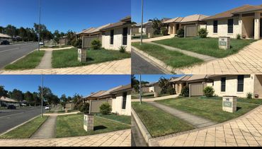 Before and after overgrown front lawns and freshly mowed