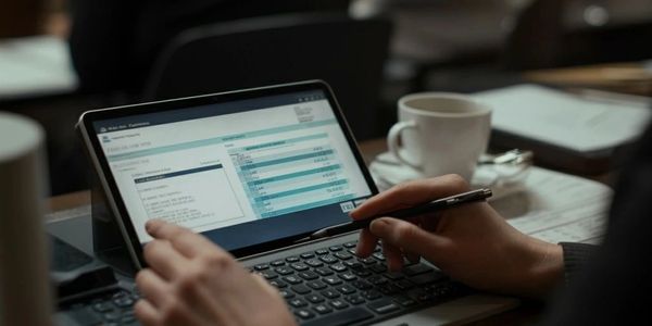 Person analyzing data on a tablet with keyboard in a busy office setting.