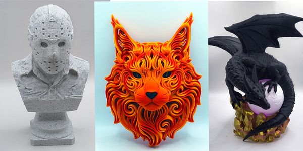 Three detailed sculptures: a stone hockey mask bust, a fiery stylized cat head, and a black dragon with a glowing orb.