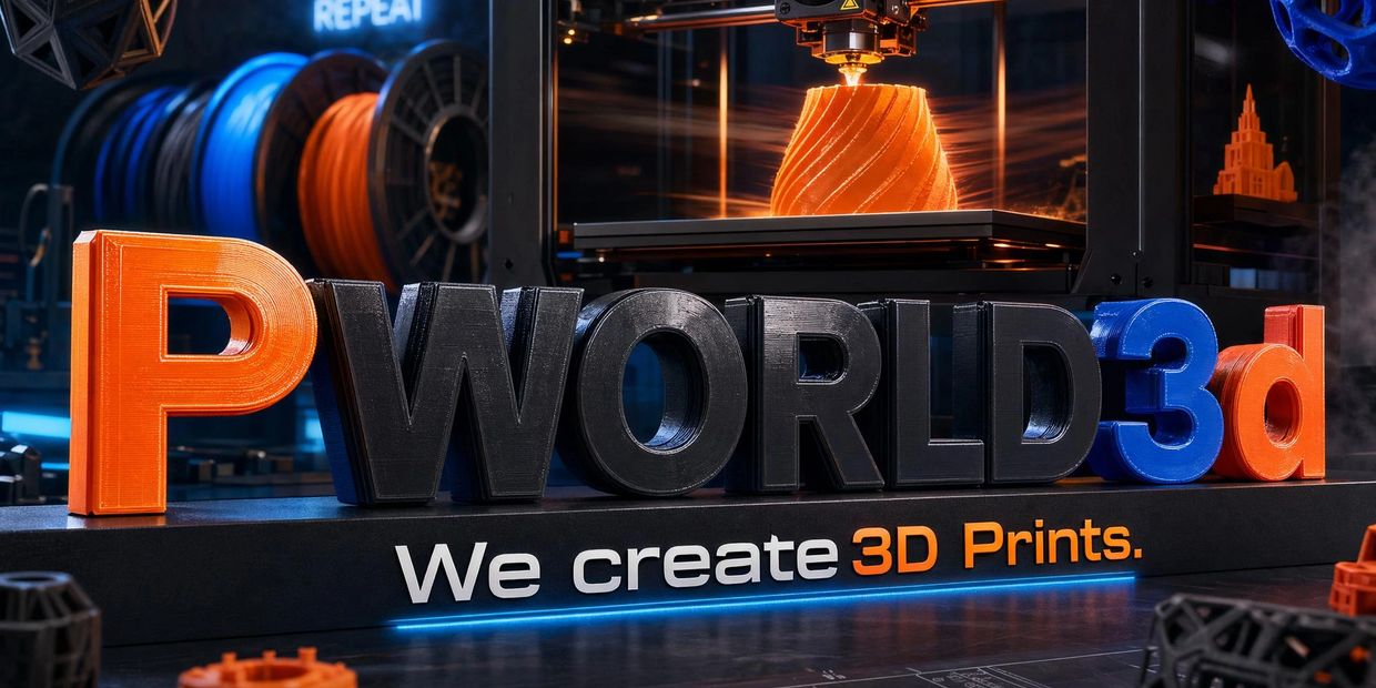 3D printed letters spelling P WORLD 3d with a 3D printer in action behind.