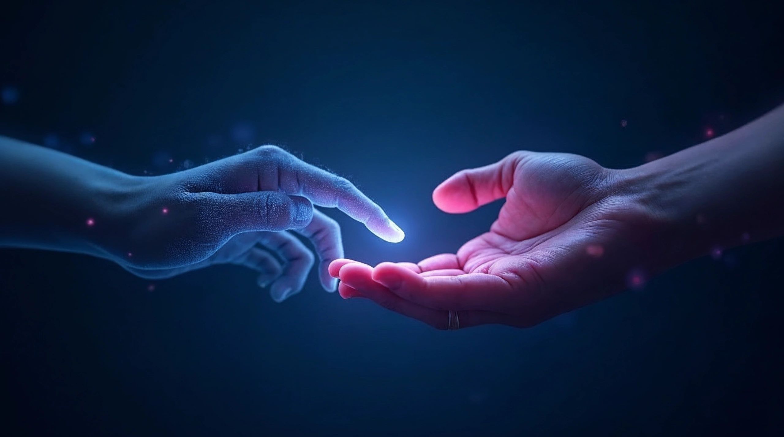 Digital hand touching a human hand with glowing light.
