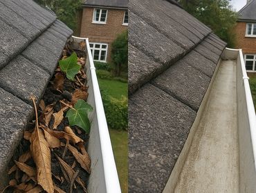 Gutter before and after cleaning showing removal of leaves and debris.