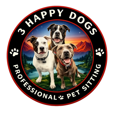 Picture of 3 Happy Dogs' logo with a gorgeous mountain background