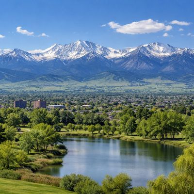 Scenic view of a town with a lake and snow-capped mountains in the background.