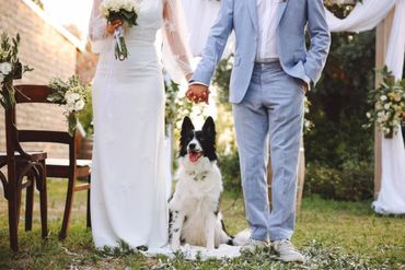 Bride and groom holding hands with their dog sitting between them outdoors.
