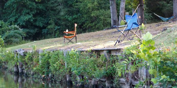 Two empty chairs on a grassy bank by a calm river surrounded by greenery.