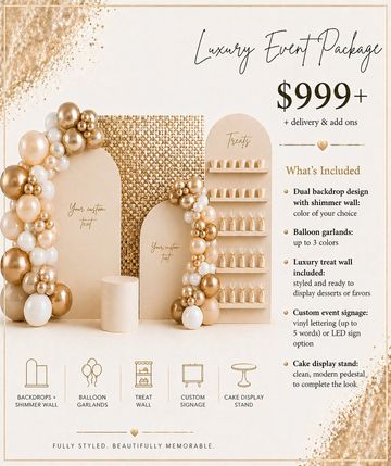Elegant luxury event package with shimmering backdrops and balloon garlands.