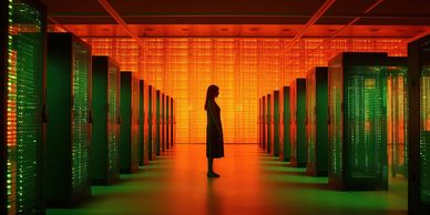 Data servers glowing red and green illustrating data overload and insight challenges