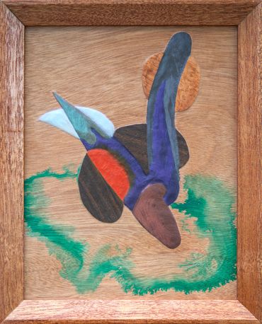 "Cow Bird" 2024, 8x11in, encaustic, ink, wood veneer on panel
