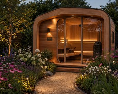 A cozy wooden sauna surrounded by a lush garden at dusk.