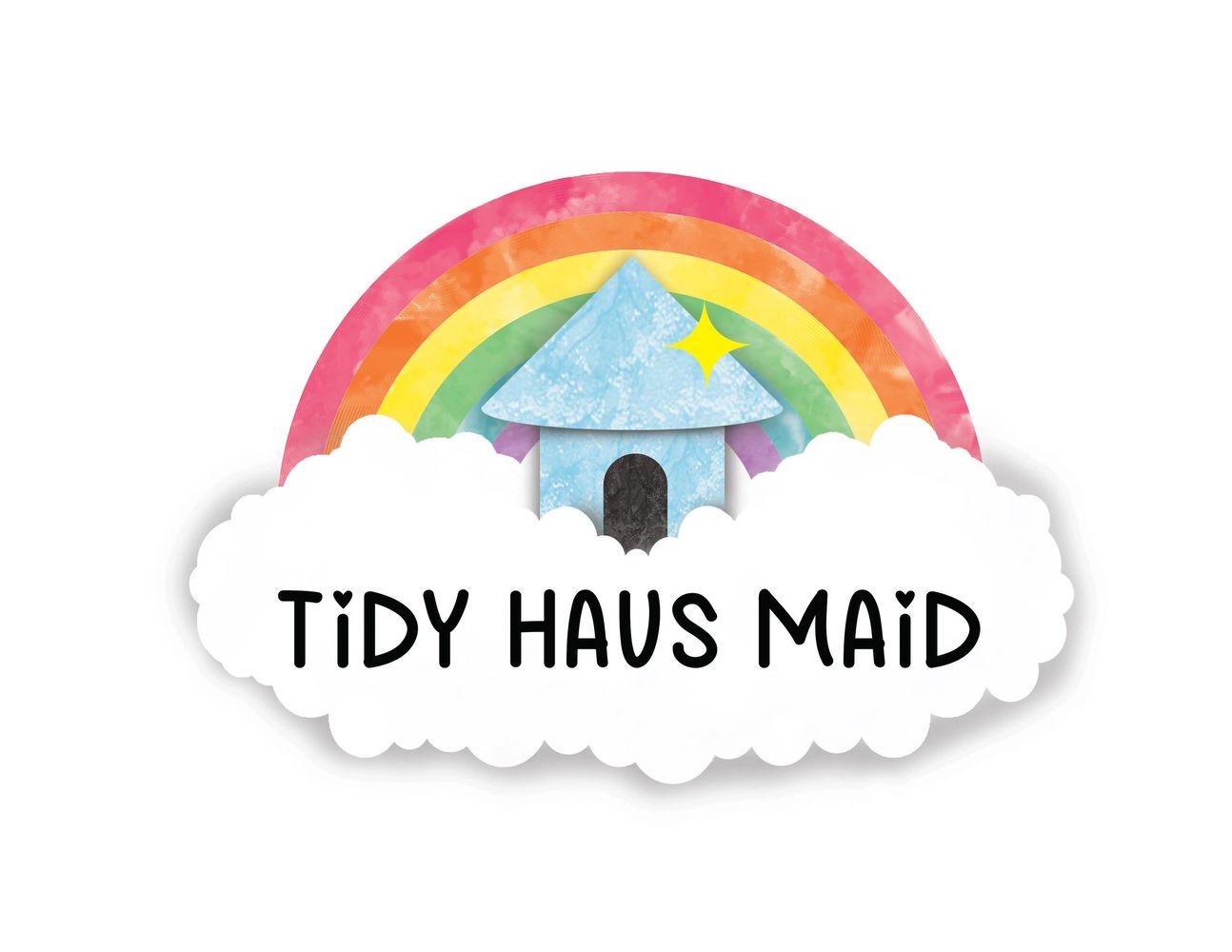Cleaning Business Logo reads "Tidy Haus Maid". A blue house sits in the clouds under a rainbow.