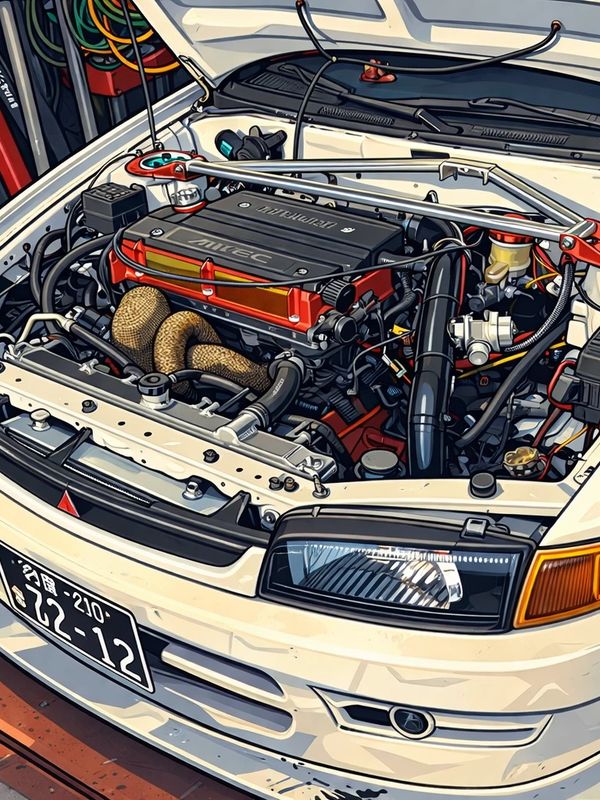 Detailed view of a car engine bay with a red valve cover and various components.