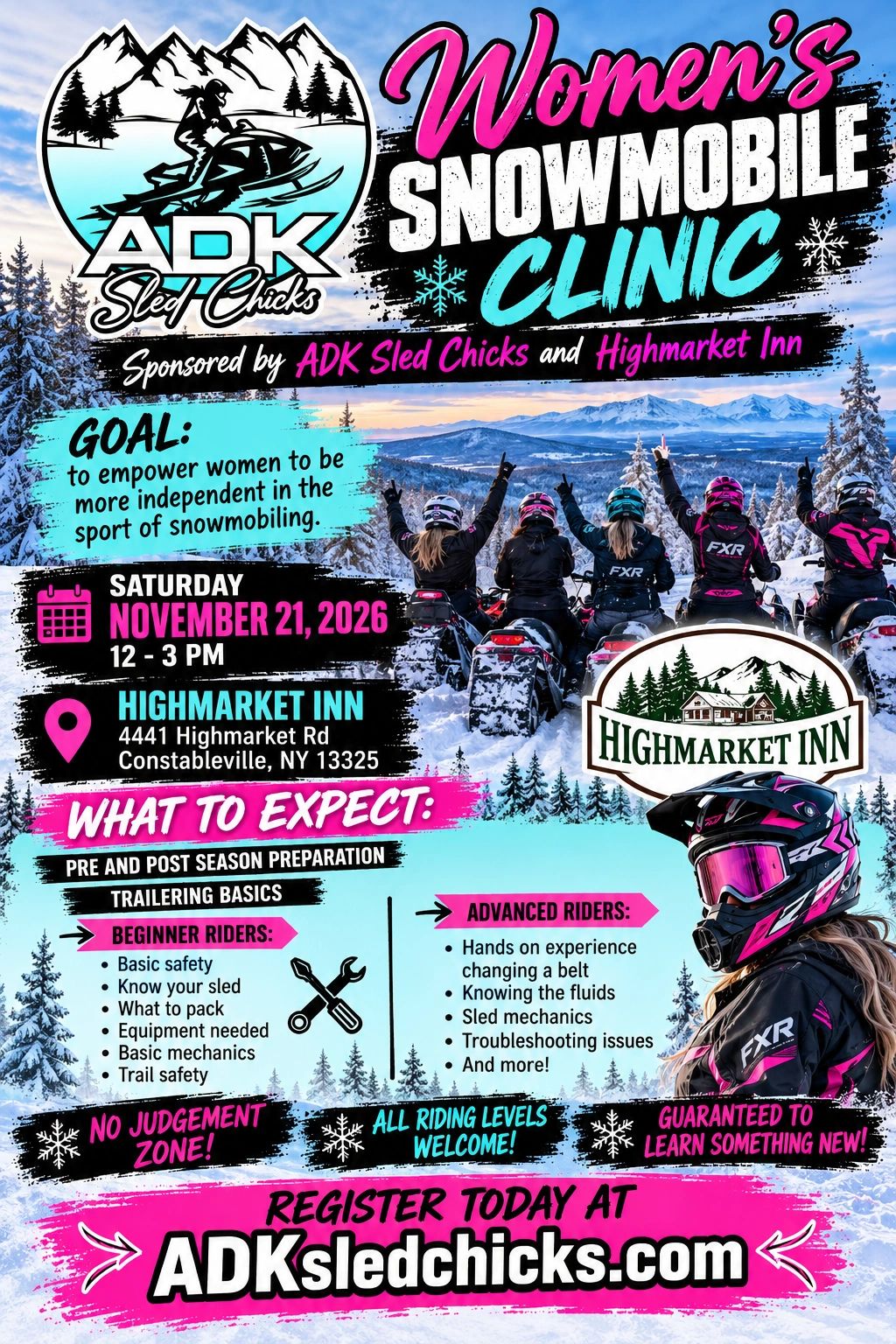 Flyer for Women's Snowmobile Clinic by ADK Sled Chicks on Nov 21, 2026.