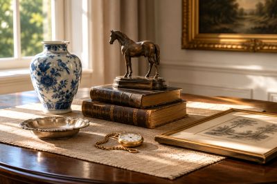 Antique items arranged on a wooden table in soft sunlight.