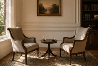 Elegant seating area with two armchairs and a small table.