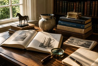 Antique books and magnifying glass on a wooden desk.