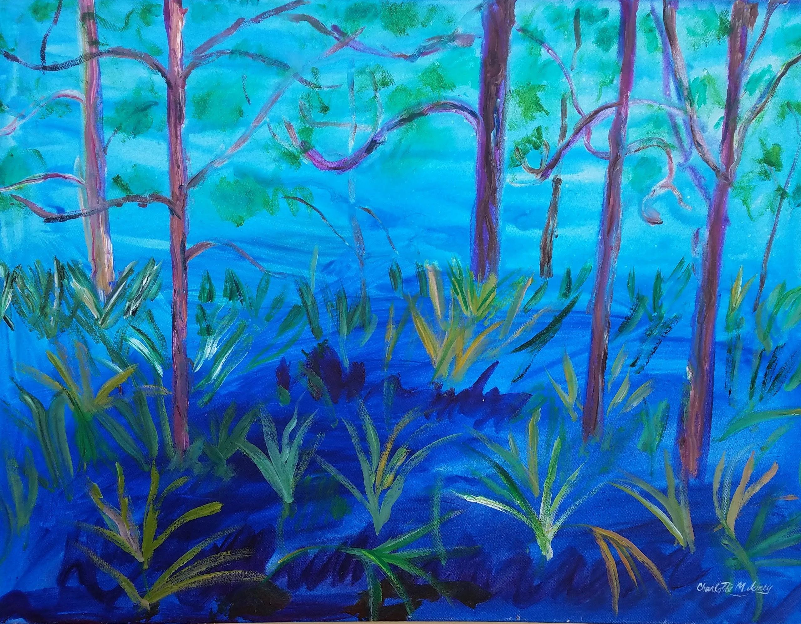Acrylic on canvas, 30” x 40”, subject matter is Florida Pinetrees.