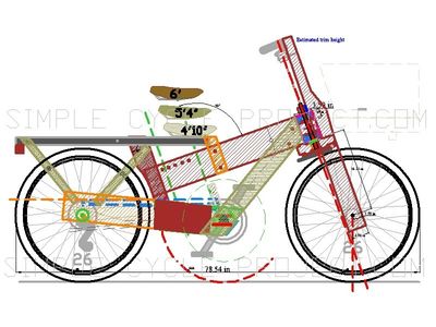 Technical drawing of a bicycle with measurements and seat height options.