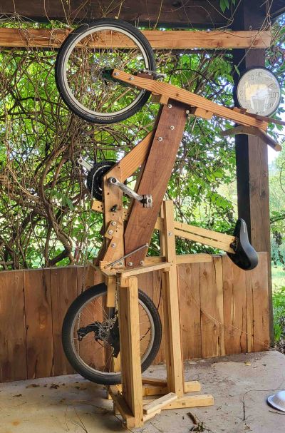 An innovative cargo bike standing on its rear end.