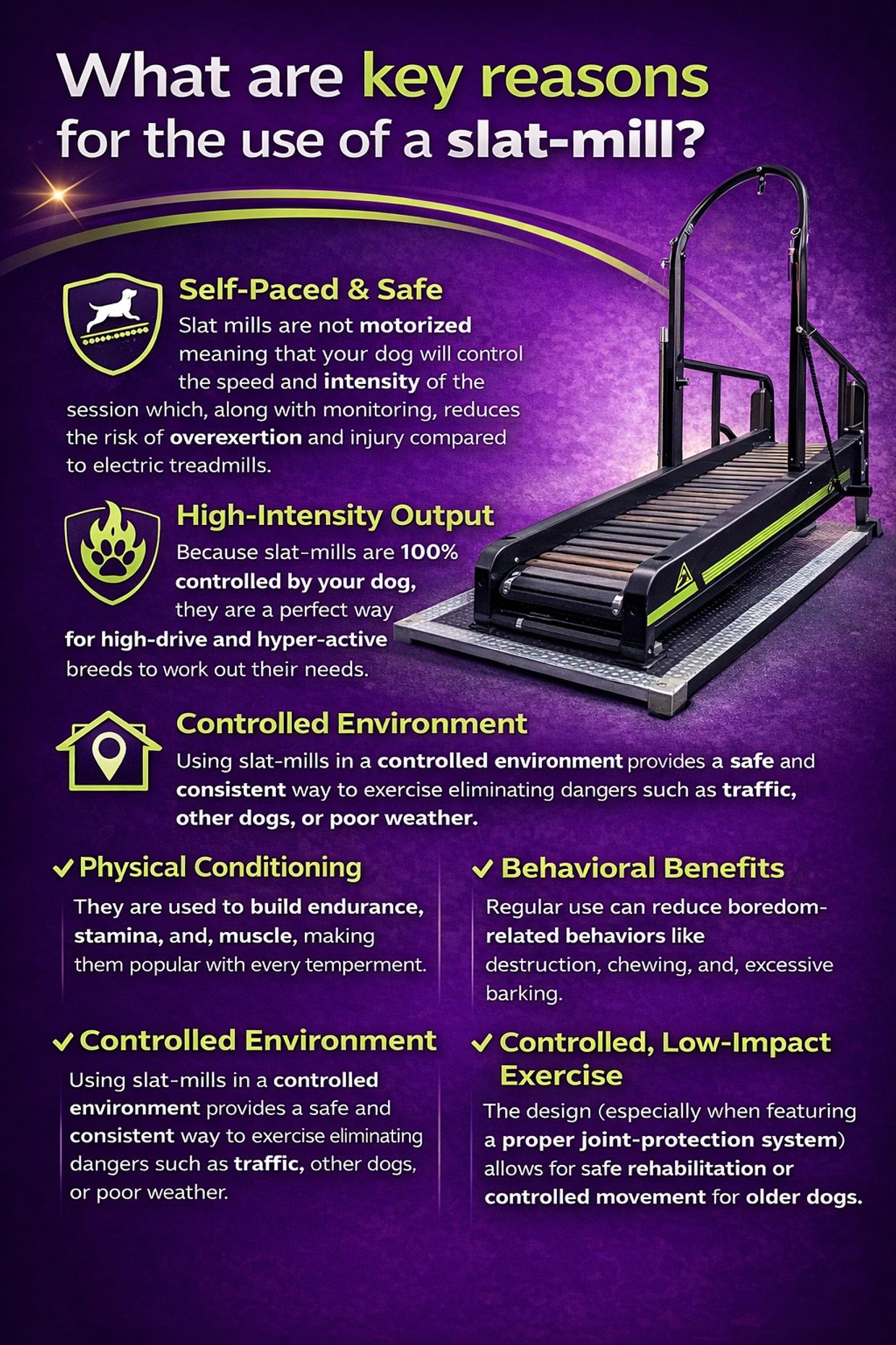 Reasons for using a slat-mill include safety, high intensity, controlled environment, physical and behavioral benefits, and low-impact exercise.