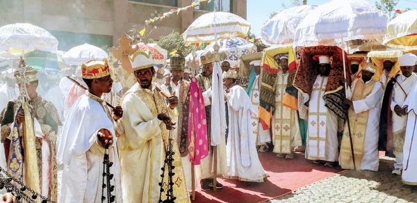 Lalibela Ethiopian Orthodox Timket celebration. Orthodox church priest in Ethiopia