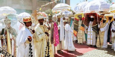 Ethiopian Christmas or Timket Orthodox Christian Epiphany in Lalibela or Gondar. Talbots priests