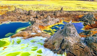 Dallol Danakil Depression tours sulphur potash iron fields Afar Desert near the Eritrea border