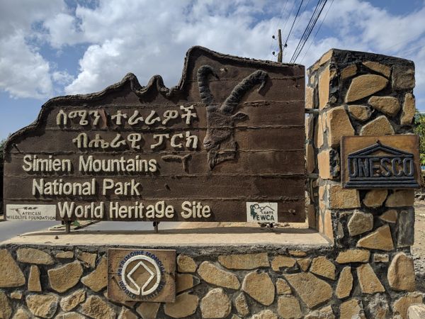 Simien Mountains National Park sign in Debark Ethiopia