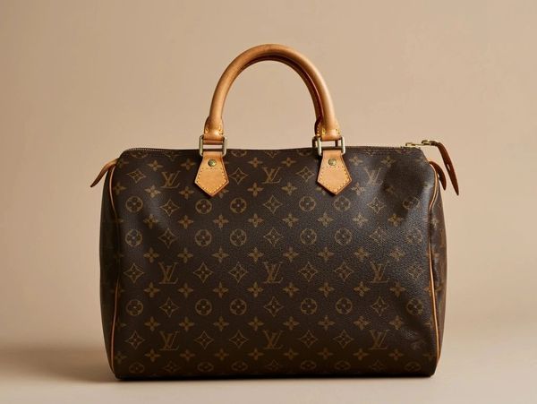 Classic Louis Vuitton monogram handbag with leather handles.