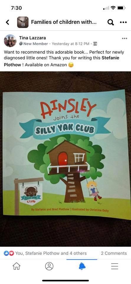 Children's book cover titled 'Ainsley joins the Silly Yak Club' with colorful illustrations.