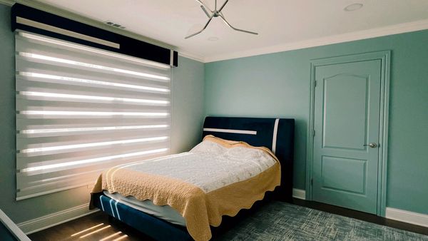 Zebra shades (light gray)
Boy’s room with cornices board matching headboard