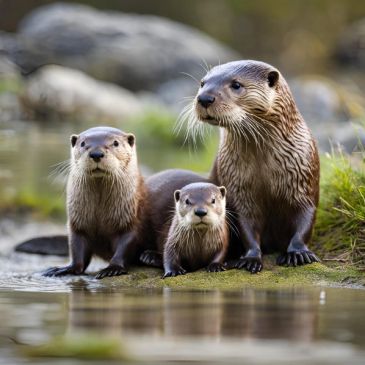 A family of otters near water.