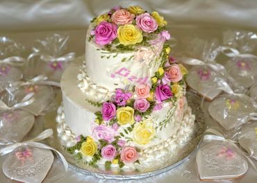 2 Tier Roses Bridal Shower Cake with Heart Cookie Table Favors