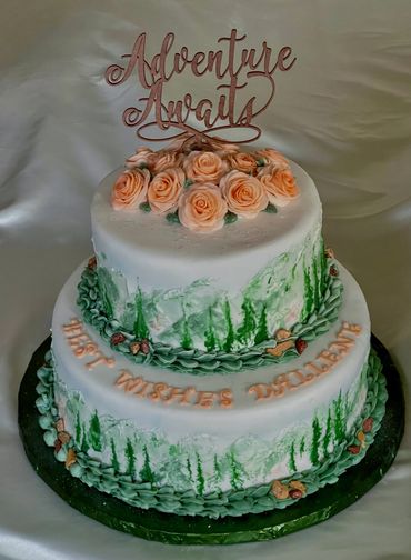 Adventure Awaits Bridal Shower Tier Cake with Peach Roses and Mountains