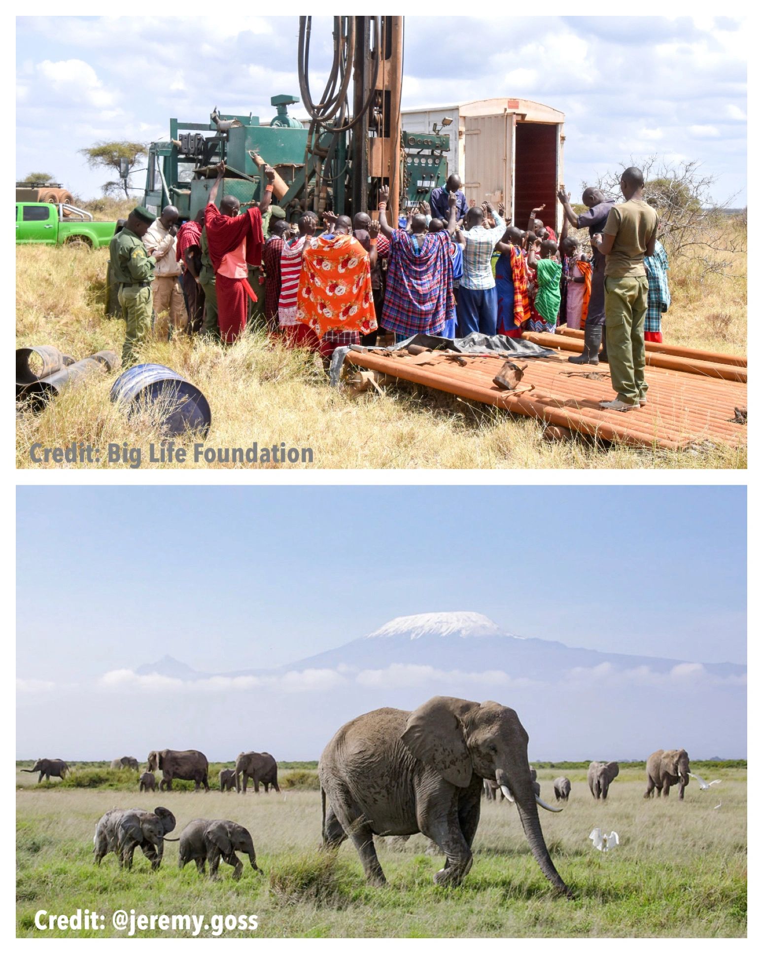 A group gathers around machinery while elephants roam in front of Mount Kilimanjaro.