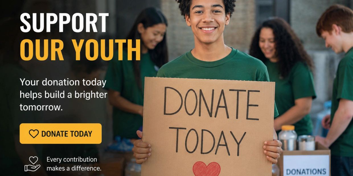 Youth holding a sign urging donations for support.