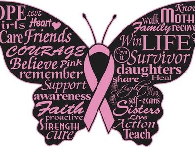 Pink butterfly with breast cancer awareness words and ribbon