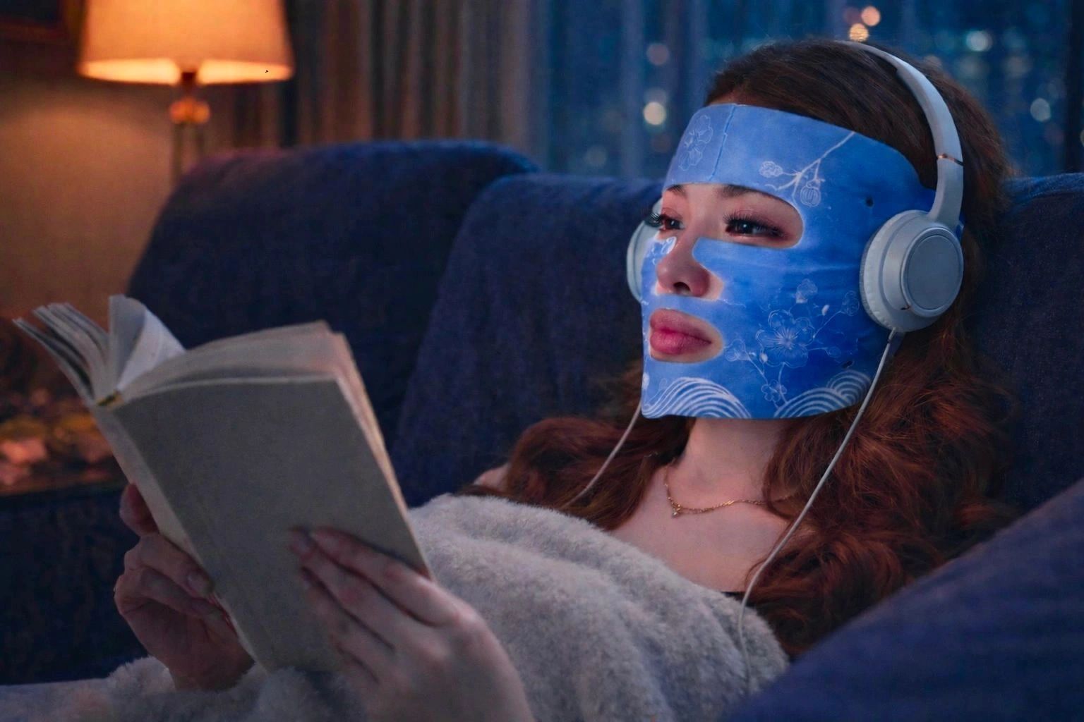 Female relaxing while wearing the Vaso Mask by Digital Heat Corporation