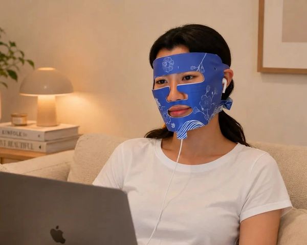 Female wearing a Vaso Mask while working on the computer.