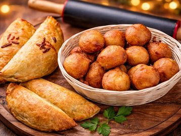 A basket of golden puff-pastry balls and baked empanadas on a wooden board.