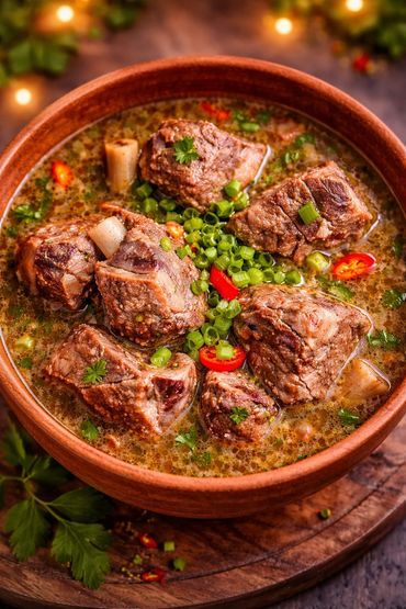 A bowl of hearty beef soup garnished with green onions and red chili slices.