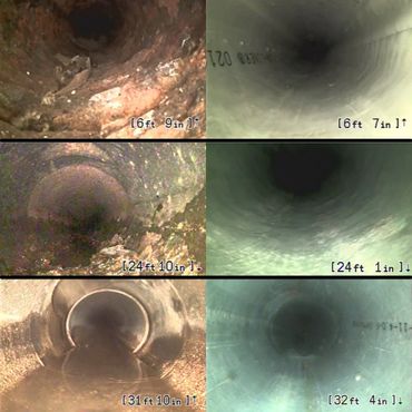 Comparison of dirty and clean pipes at different distances inside.